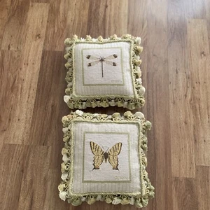 Vtg Aubusson FRENCH COUNTRY Needlepoint Petit Pillows Tassel Dragonfly Butterfly - Picture 1 of 16