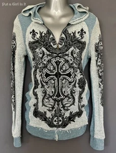 New VOCAL Womens CRYSTAL BLUE CROSS DISTRESSED CARDIGAN JACKET POCKETS S M L XL - Picture 1 of 7