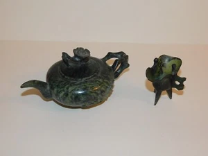 Rare Chinese GREEN JADE Carving FLOWER Blossom Teapot Teakettle + CREAMER Set - Picture 1 of 16
