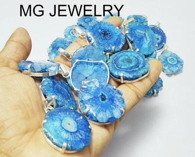 Lote de 150 pçs pingente de sobreposição de prata 0,925 pedra preciosa solar quartzo cor azul - Imagem 1 de 4