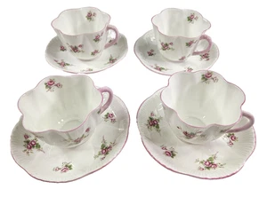 Shelley Bridal Rose Tea Cups Saucers White Pink Rosebuds Set 4 Scallop Tulip - Picture 1 of 17