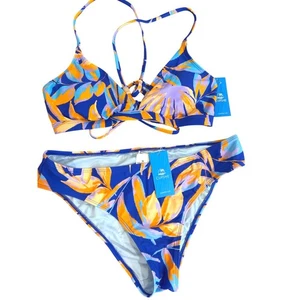 CUPSHE bikini set- Medium-Blue Orange Leaf Print Halter Bikini Swimsuit NEW! - Picture 1 of 4