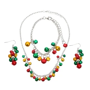 Set 4 pezzi gioielli natalizi campanella colorata decorata collana bracciale orecchini - Foto 1 di 12