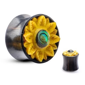 PAIR-Wood Arang w/Sunflower Saddle Flare Ear Plugs 22mm/7/8" Gauge  - Picture 1 of 5