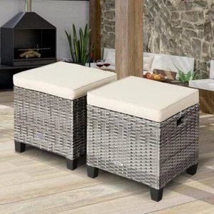 FORCLOVER Ottoman 16"x16"x18" Rattan Wicker Mix Gray w/ Beige Cushions (2-Piece) - Picture 1 of 3