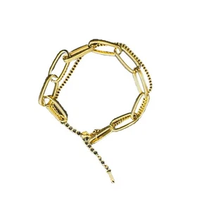 Women 18K Gold Plated Stainless Steel Double Layered Embedded Chain Bracelet - Picture 1 of 5