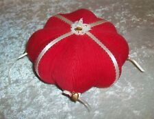 Vintage Red Pinwale Corduroy Gold Tone Heart Charm Seamstress Sewing Pin Cushion