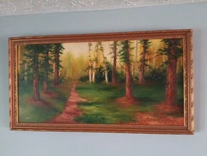 Vintage Original Ölgemälde von Gauthier signiert Landschaft Weg Bäume 30" x 15"  - Bild 1 von 10