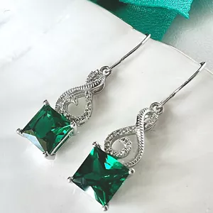 Solid 10k White Gold Genuine Diamonds & Lab Created Emerald Dangle/Drop Earrings - Picture 1 of 10