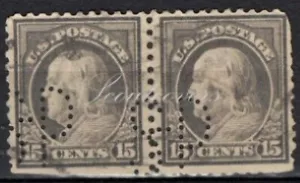 Perfins USA 1912, Sc418 2x 15c Franklin. Used SP - Picture 1 of 3