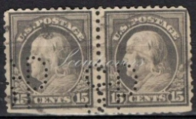 Perfins USA 1912, Sc418 2x 15c Franklin. Used SP - Image 1 of 3
