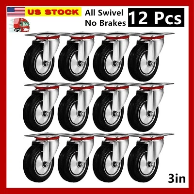 TSY TOOL 12 Pack 3" Swivel Caster Wheels Rubber Base With Top Plate & Bearing Heavy Duty