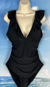 Holipick Size XL BLACK Deep V-Neck Ruffle SWIMSUIT Ruched +High Leg Lacing - Picture 1 of 11