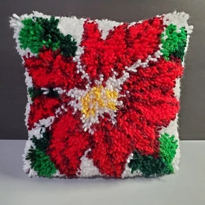 "Almohada gancho pestillo vintage años 70 NAVIDAD POINTSETTIA hecha a mano 12""" - Imagen 1 de 2