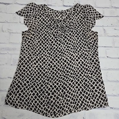 Banana Republic Top Womens Medium Silk Beige Black Animal Lightweight Ruffle * - Image 1 of 4