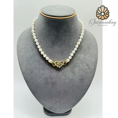 Collar de perlas de agua de mar blancas naturales genuinas de 7 mm diseño de corazón de platino PT950 Foto 1 de 4