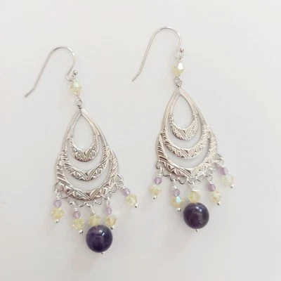 Orecchini in argento 925 con ametista naturale da 8 e 3 mm e cristalli gialli  - Immagine 1 di 4