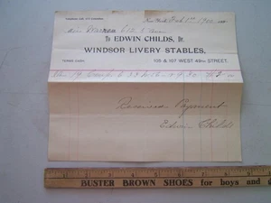ANTIGUA FACTURA CON MEMBRETE 1900 EDWIN CHILDS, establos de librea Dr. WINDSOR NYC - Imagen 1 de 6