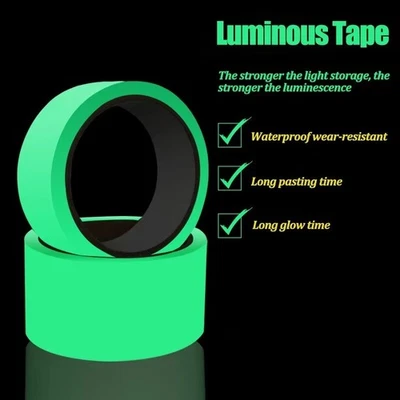 Glow In The Dark Sticky Tape Self Adhesive Luminous Safety Film Sticker Roll UK - Image 1 of 4
