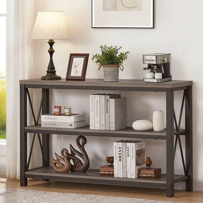 Rustic 3 Tier Console Table 47" Dark Grey Oak Wood Entryway Hallway Storage Shel - Image 1 of 4