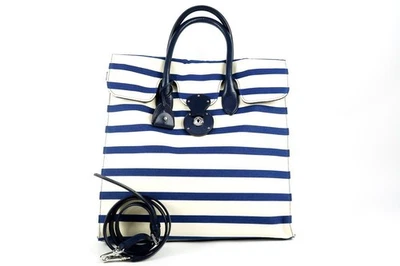 RALPH LAUREN Ricky 边框帆布皮革 2 路单肩包手提包白色蓝色 — 第 1/4 张图片