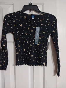 NWT Girls Old Navy Rib Knit Lettuce Edge Black Flr Henley Tee Size L (10-12) K4 - Picture 1 of 4