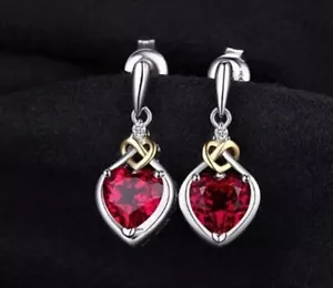 4.2Ct Heart Cut Lab Created Red Ruby Drop/Dangle Earrings 14K White Gold Plated - Picture 1 of 6