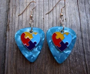 Autism Awareness Heart Charm Guitar Pick Earrings with Surgical Steel Earwires - Picture 1 of 13