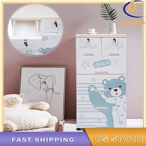 Polar Bear Plastic Dresser 6 Drawers Playroom Bedroom Storage Cabinet 5 Wheels Cover