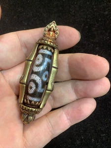 Rare Tibetan Brass Inlay Old Dragon Vein Agate Dzi *6Eyed* Bead Pendant ZZ064 - Picture 1 of 5