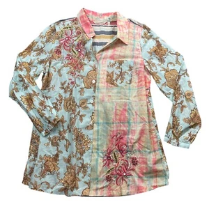 Blusa Soft Surroundings XL ecléctica con cuentas abotonadas manga larga 100 % algodón - Imagen 1 de 7