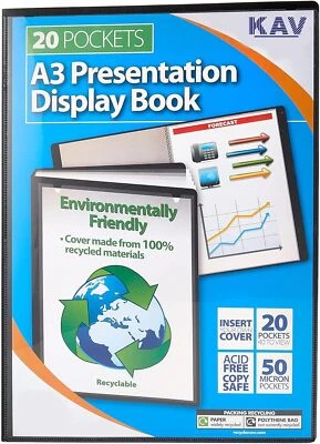KAV A3 Display Presentation Book 20 Pockets 40 Views Acid Free Copy Safe Portfolio