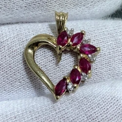 2.5ct Lab-Created Ruby Heart Marquise Cut Halo Pendant 14K Yellow Gold Plated - Image 1 of 3