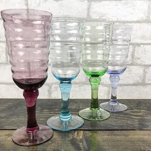 Hand Crafted Mouth blown Rippled Multi Color Wine Glasses 10oz 4Pc Stemware - Picture 1 of 8