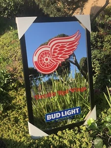 Bud Light Budweiser Detroit Red Wings NHL Hockey Beer Bar Man Cave Mirror - Picture 1 of 2