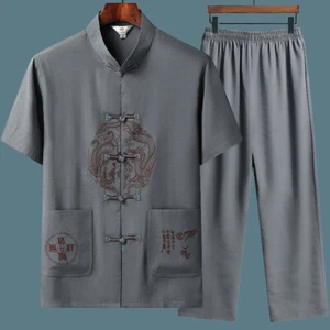 Camicia corta cinese orientale da uomo kung fu grigio scuro drago top pantaloni abbinati - Foto 1 di 2