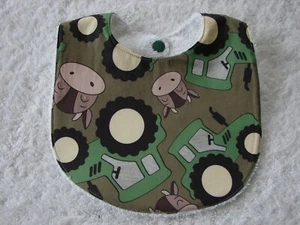 Tractors & Cows Green Newborn Baby Bib Cotton Front Towelling Back Handmade - Picture 1 of 2