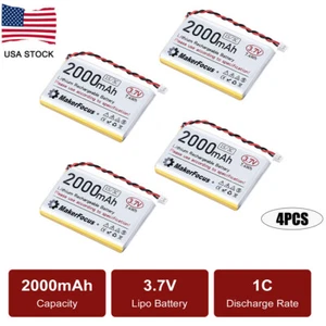 4PCS 3.7V 2000mAh 1S Lipo Lithium Rechargable Battery 3C Micro JST 1.25 Plug - Picture 1 of 10