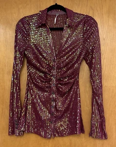 Free People Blouse Women XS Burgundy Sequin Shimmery Ruched Long Sleeve Buttonup - Picture 1 of 5