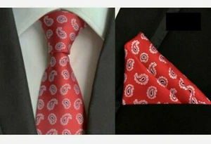 100% Pure Silk Neck Tie & Handkerchief Set Red - White and Black Paisley Design - Picture 1 of 3