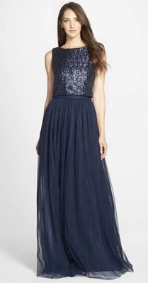 Vestido de Noche Vera Wang Lentejuelas Tul 12 Azul Marino Popover Forrado Sin Mangas Foto 1 de 4