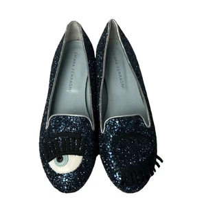 Chiara Ferragni Blue Silver Glitter Flirting Eye Winking Eye Slip-On Flats - Picture 1 of 13