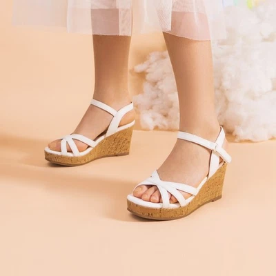 Girls Wedge Sandals Ankle Strap Open Toe Platform Wedding Party Dress Sandals - Image 1 of 3