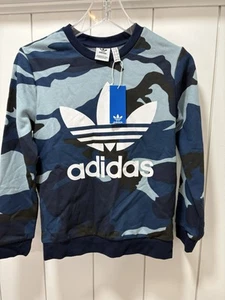 Adidas Crew Neck Sweatshirt Kids Youth Medium Blue Camo Crew White Logo New - Picture 1 of 3