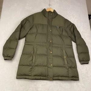 LL Bean Womens Down Puffer Coat Olive Green Long Quilted Button Front - Picture 1 of 13