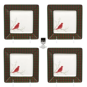 222 Fifth CHRISTMAS BIRDS - PLAID 5" Appetizer Plate Set 4 Square Red Green Mint - Picture 1 of 15