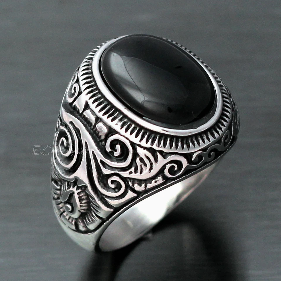 Mens Large Natural Black Oval Onyx Stainless Steel Ring Size 7 8 9 10 11 12-15 Foto 1 de 1