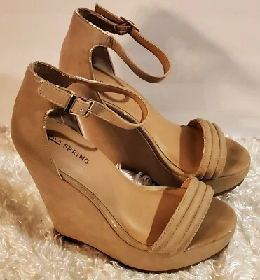 Call It Spring Wedge Heel Sandals- Beige Open Toed Shoes With Ankle Straps SZ 8 - Image 1 of 4