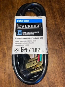 Everbilt 4 Prong 6ft Dryer Cord 30 AMP 125/250 V 4-10 Gauge Wire NWT - Picture 1 of 3