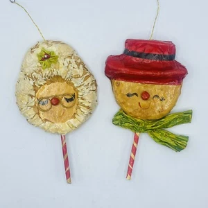 Pair Set of 2 Vintage Paper Mache Santa & Mrs Claus Lollipop Christmas Ornaments - Picture 1 of 7